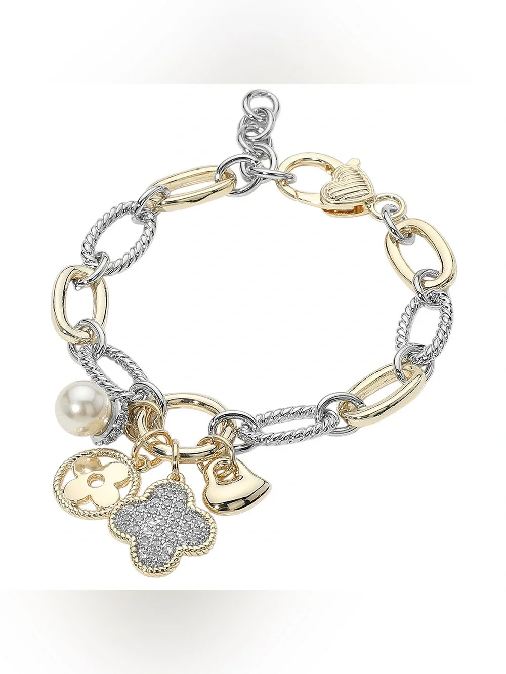 14K Gold Plated Two Tone CZ Stone Paved Quatrefoil Heart Pearl Charm Accent Brac